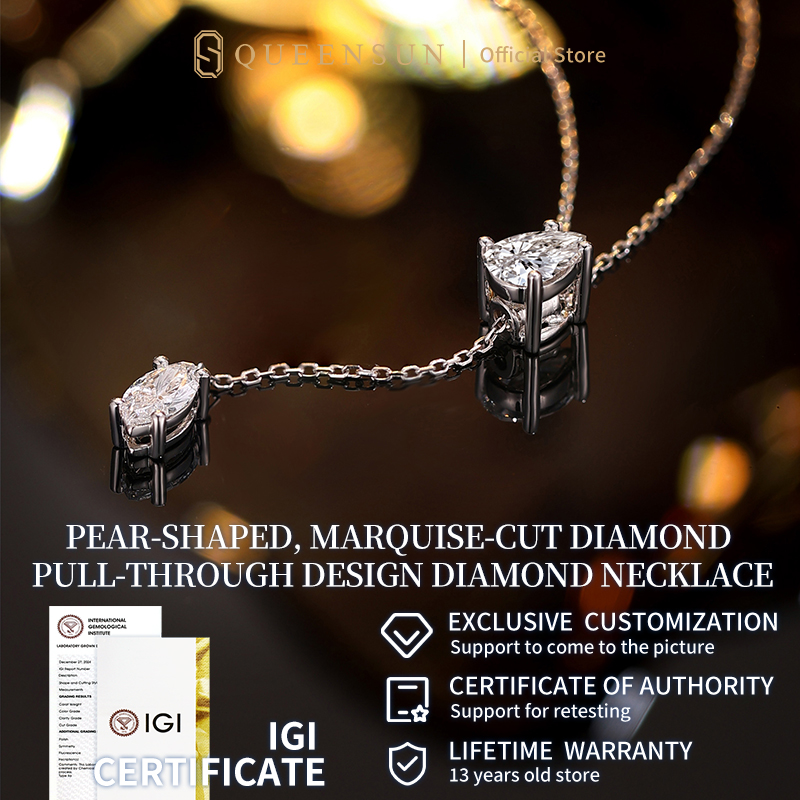 Queensun 18K Gold Lab Grown Diamond Necklace | Pear Marquise Tassel Adjustable Clavicle Chain Ins Style 马眼梨形培育钻石 可调节流苏锁骨链 日韩小清新风 for women /pendant for women/necklace pendant