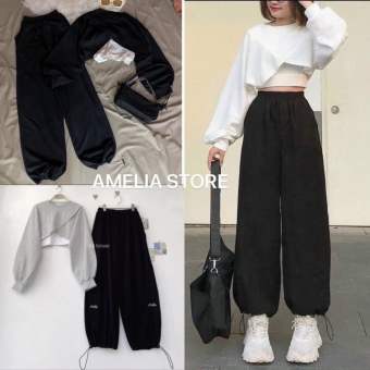 Sét bộ thể thao 3 món áo croptop kèm quần jogger, bộ unisex, quần ống boom, bộ croptop nữ, sét đồ nữ hàn quốc, AMELIA, sét bộ ulzzang, áo croptop nữ, quần nỉ jogger nữ