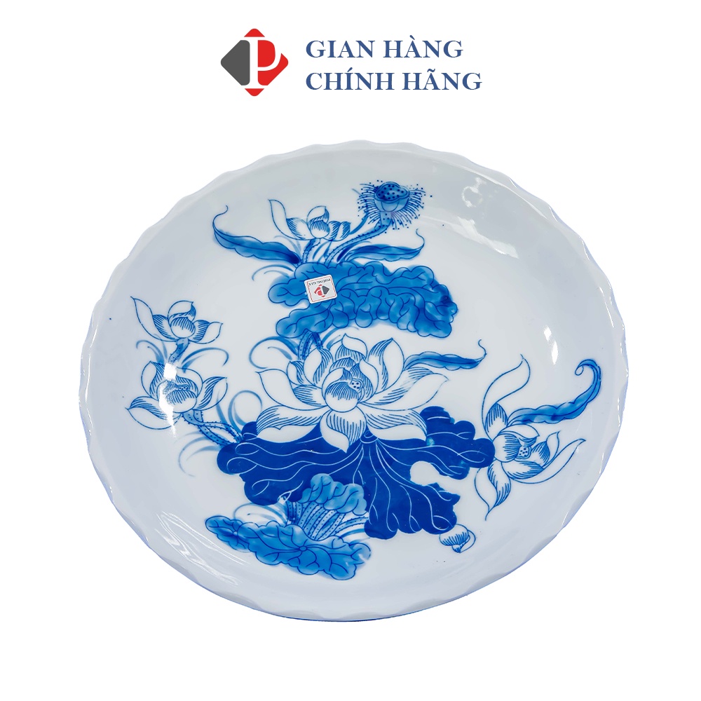 Mâm bồng phùng gia men lam trắng trơn họa tiết sen - gốm sứ bát tràng cao cấp