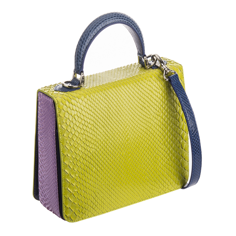 [S'UVIMOL] Square F (Regular) - Limited Tricolor Glossy Lime PYTHON กระเป๋าถือทรงเหลี่ยมหนังงู 3 สี (เขียวมะนาว - ม่วงอ่อน - น้ำเงิน) ราคา 46,900 บาท*ส่งฟรี