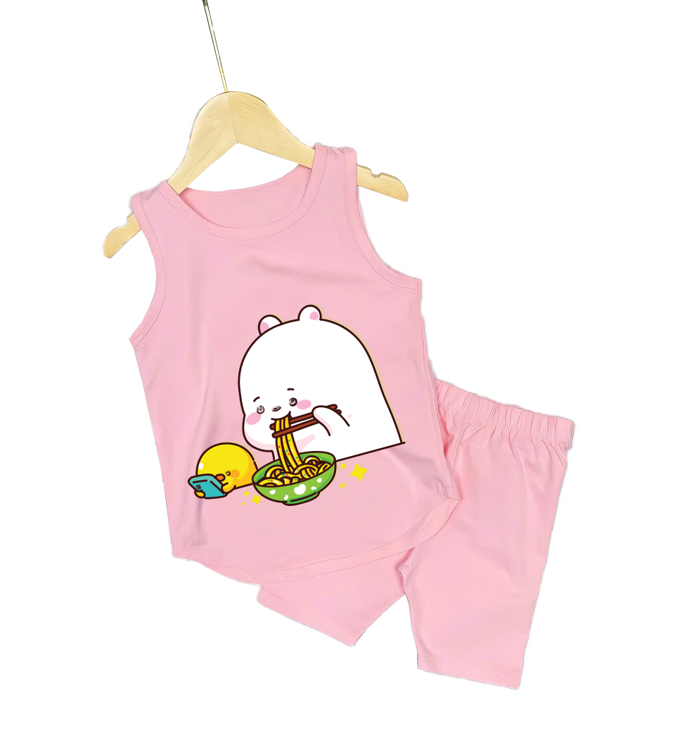 Bộ đồ bé gái sát nách siêu cu te hình thỏ ăn mì và vịt vàng cho bé gái từ 6kg đên 29kg.DBBG57.