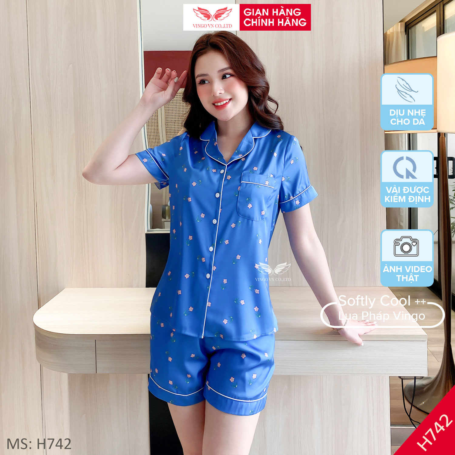 Đồ bộ nữ pijama mặc nhà lụa Pháp Vingo tay ngắn quần đùi TCQC H742 VNGO