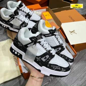 Giày Louis Vuitton LV Trainer Monogram Denim Black White màu đen trắng, giày LV nam nữ siêu phẩm 2022