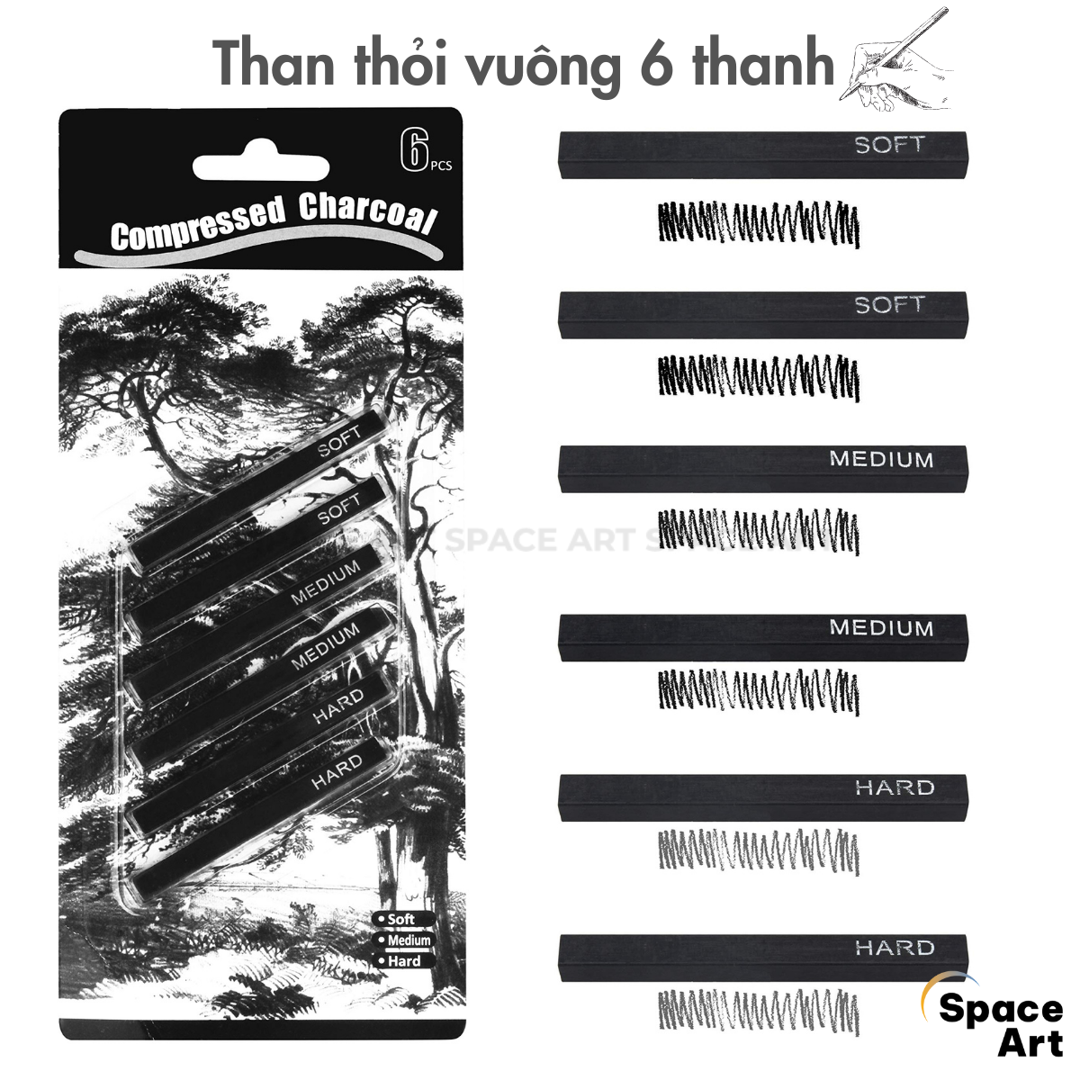 Than vuông, Than thỏi, củi Compressed Charcoal Artist 6 thanh