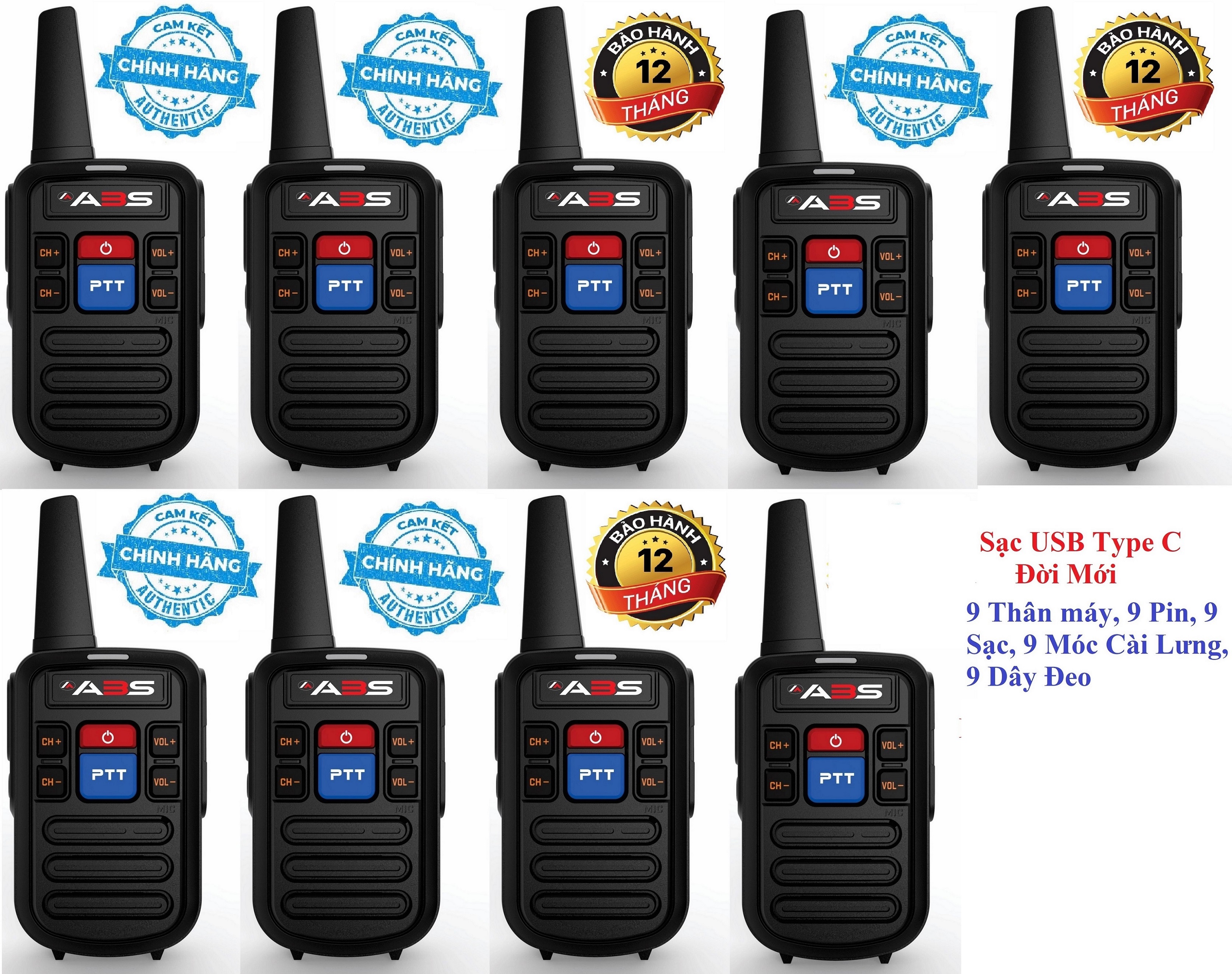 Bộ 9 Bộ đàm siêu nhỏ chất lượng khủng ABS GP800 (2 Phím bấm PTT, Sạc USB Type C)