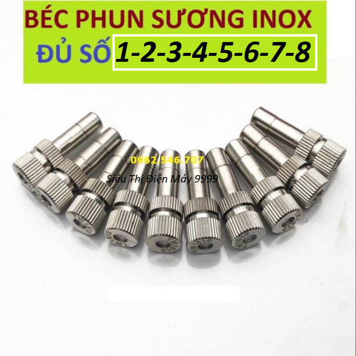 Combo 10 đầu béc phun sương làm mát bằng inox số 1-2-3-4-5-6-7-8, béc phun sương tưới lan | béc phun sương làm mát kiểu gài ống 8mm