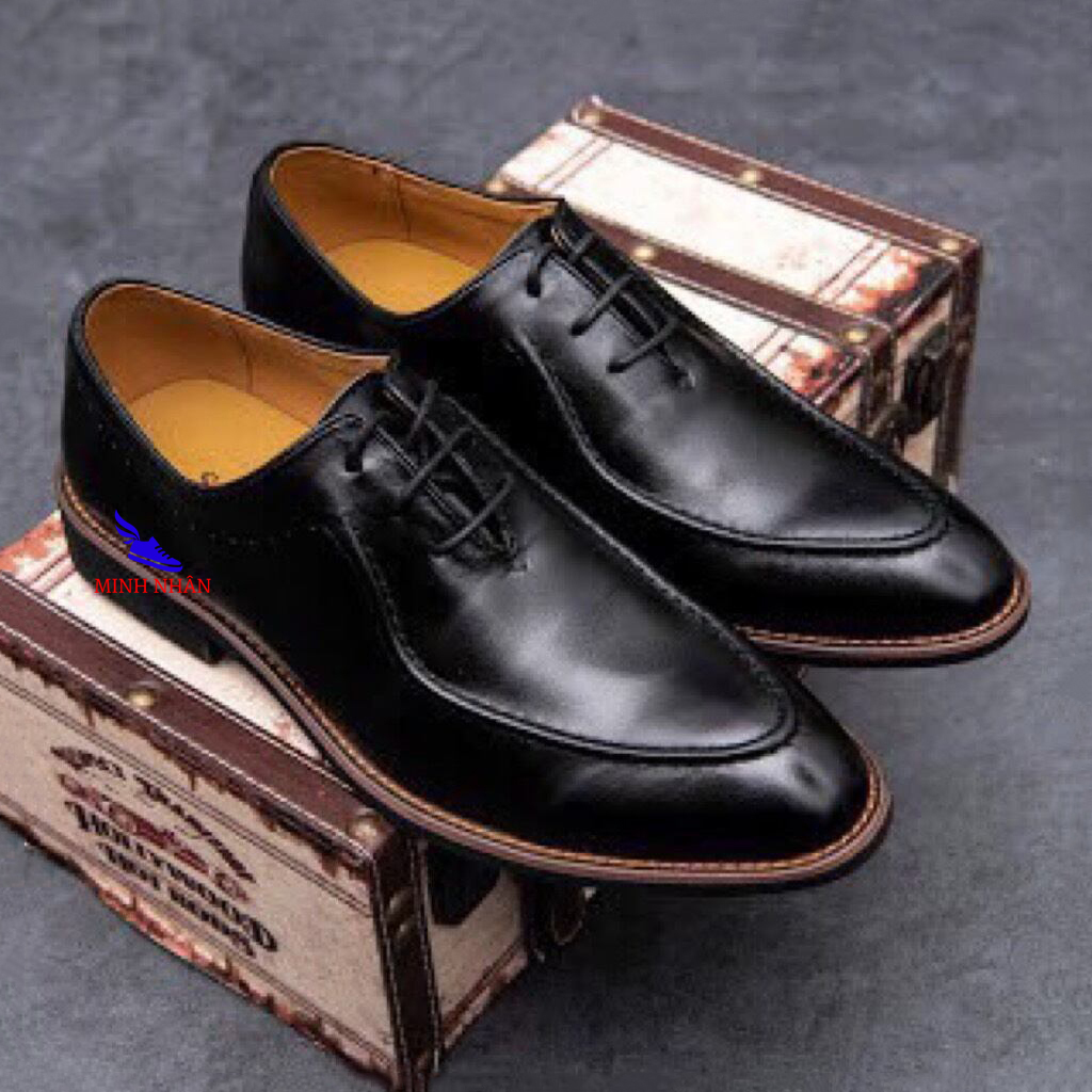 Minh Nhân - Giày da bò nam Giày Tây Nam Cao Cấp Giày buộc dây nam đẹp GIÀY OXFORD SANG TRỌNG Công sở lịch lãm doanh nhân giày cưới nam giày chú rể hàng hiệu giá rẻ B-12 màu đen