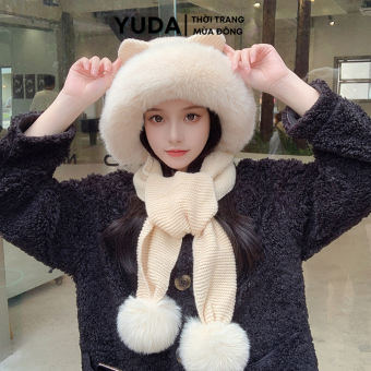 Mũ len nữ trùm đầu lông cừu hàn quốc YUDA nón len nam nữ kèm khăn quàng cổ mùa đông cá tính
