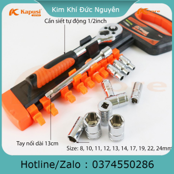 BỘ TUÝP KHẨU 1/2 12 CHI TIẾT KAPUSI JAPAN K-9811 - BỘ TAY VẶN KÈM KHẨU VẶN ỐC, Tuýp mở bulong, Bộ điếu mở ốc, Bộ khẩu mở siết ốc, Bộ tuýp Nhật Bản, Bộ tuýp sửa xe máy, Bộ khẩu tuýp KIM KHÍ ĐỨC NGUYÊN