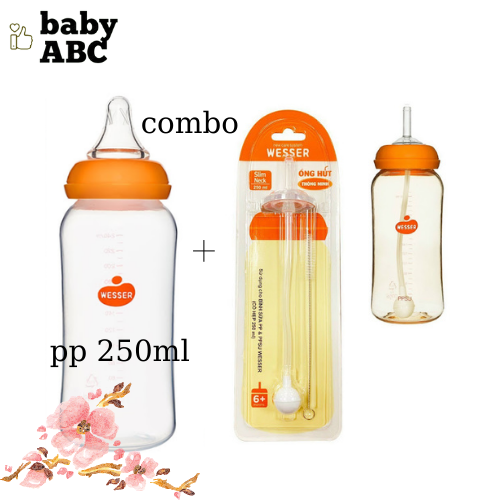 Combo bình sữa wesser cổ hẹp 250ml nhựa pp + ống hút thay thế bình cổ hẹp wesser tiện dụng tiết kiệm