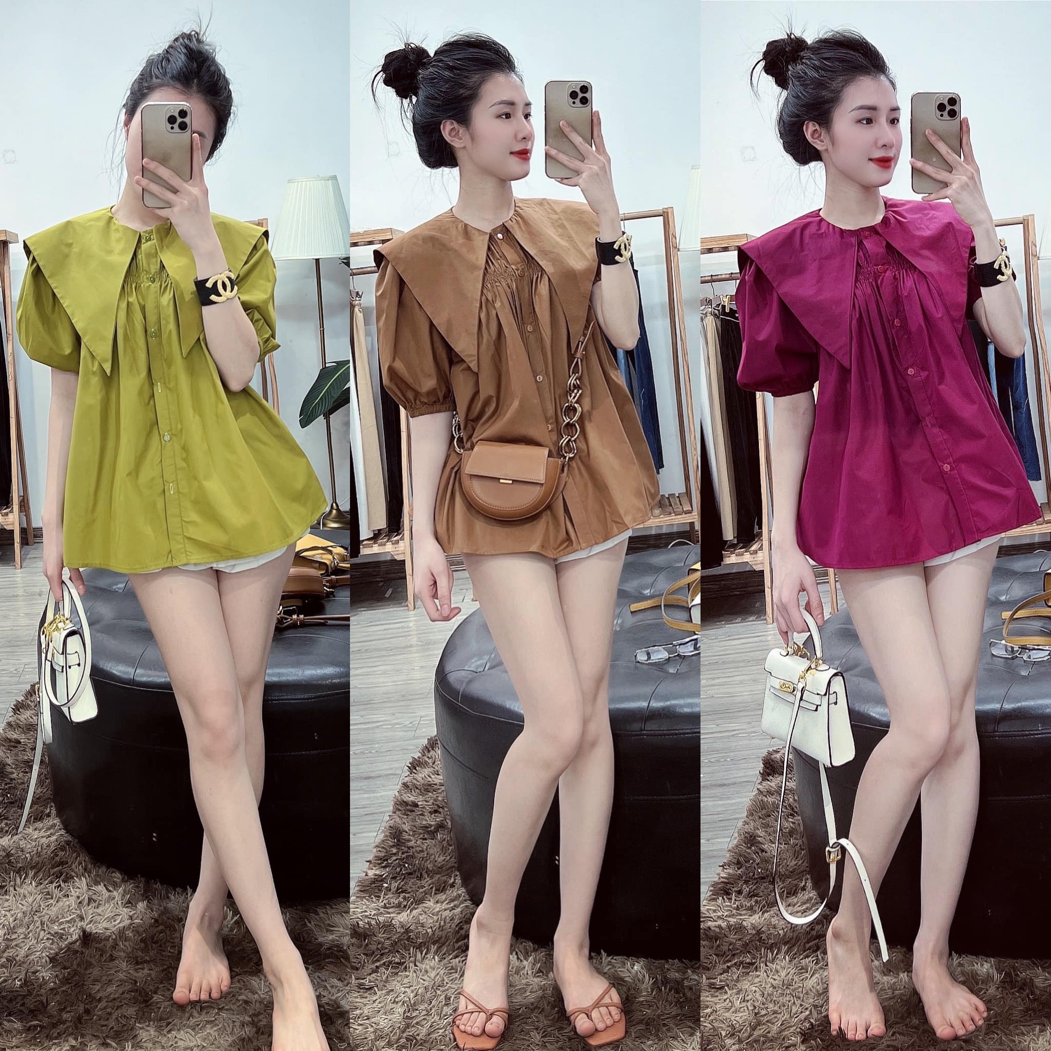 Áo sơ mi kiểu tay bồng,cổ bèo vạt nhọn chất thô hàn mềm mịn siêu đẹp