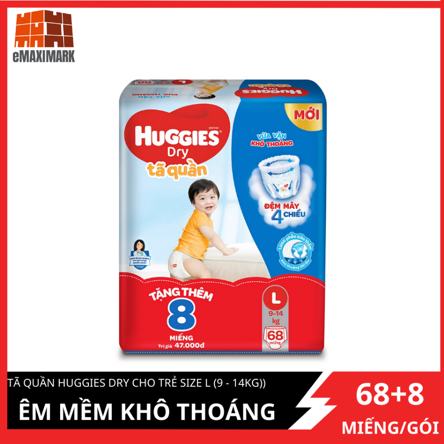 [HCM ship 2h] Tã quần Huggies Cực đại 68 miếng Êm Mềm Khô Thoáng M68 tặng kèm 8 miếng Size L (9-14kg)