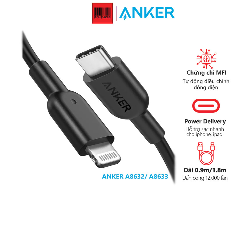 Cáp sạc nhanh cao cấp ANKER hỗ trợ PD Lightning to USB-C dài 0.9m và 1.8m - Anker A8632 - Anker A8633, cáp sạc pd dạt chứng chỉ MFI hỗ trợ sạc nhanh cho iphone, ipad