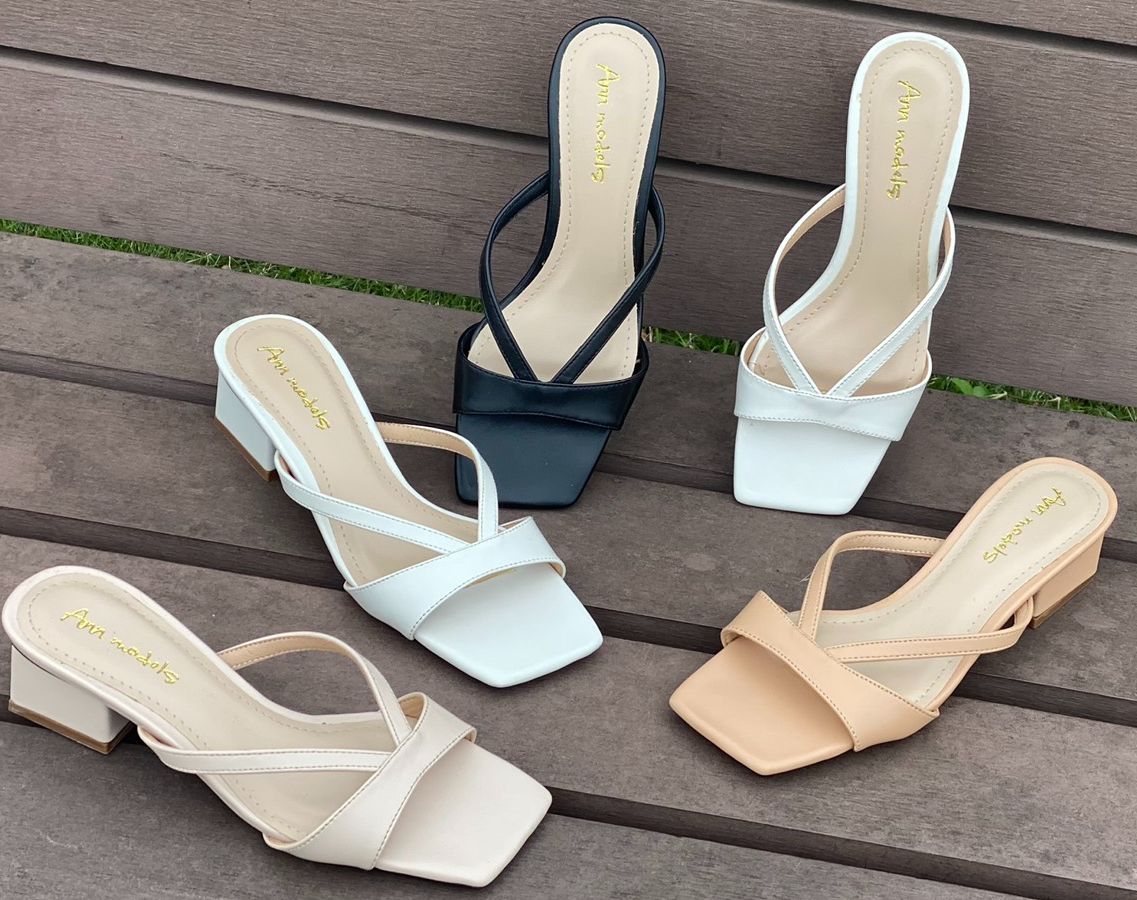 Dép cao gót Annmodels mũi vuông phối dây Hàn Quốc cao 3cm kiểu dáng thời trang _A02GT