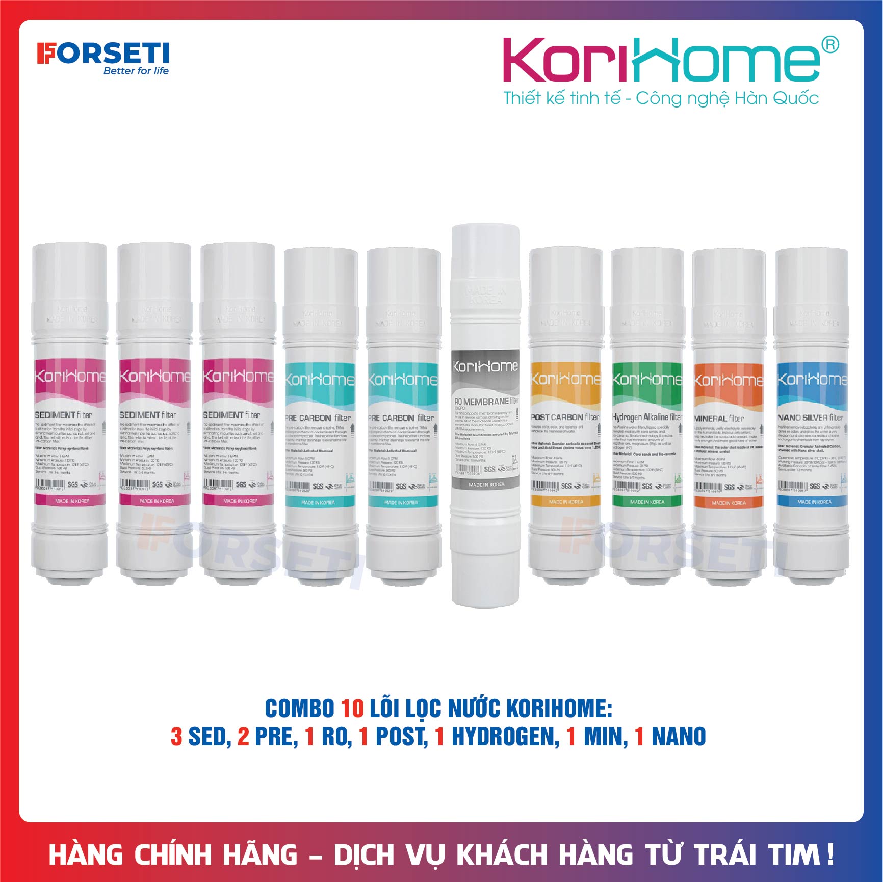 Combo 10 lõi lọc nước Korihome dùng cho máy lọc nước Korihome WPK-G61