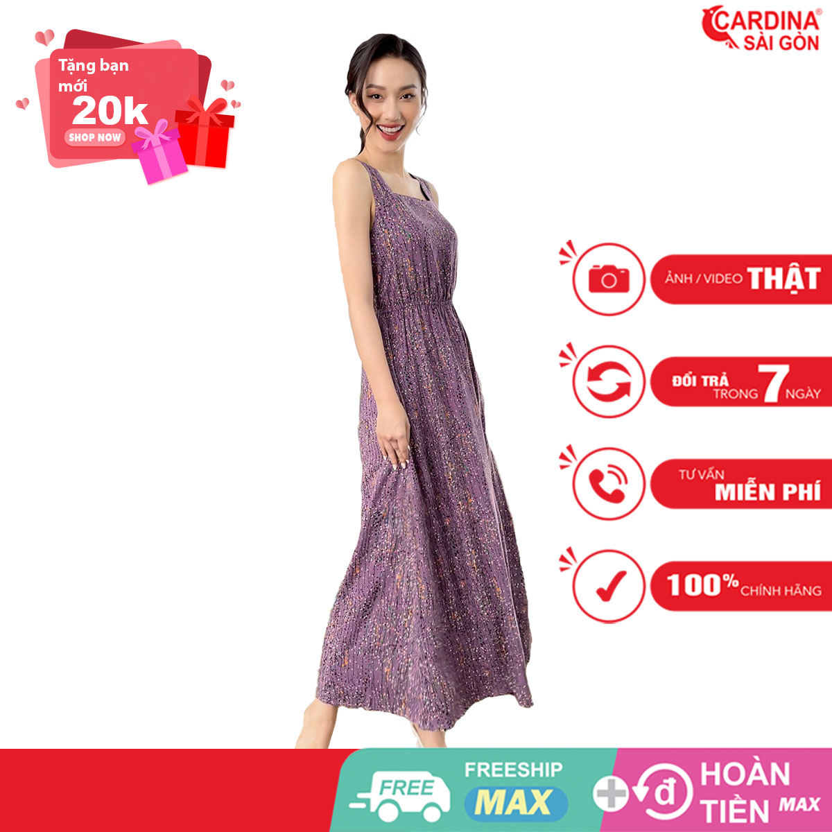 Đầm maxi nữ Cardina Sài Gòn 2 dây cổ vuông họa tiết hoa nhí điệu đà chất liệu lanh nhung cao cấp co giãn nhẹ thoáng mát mã 1V7