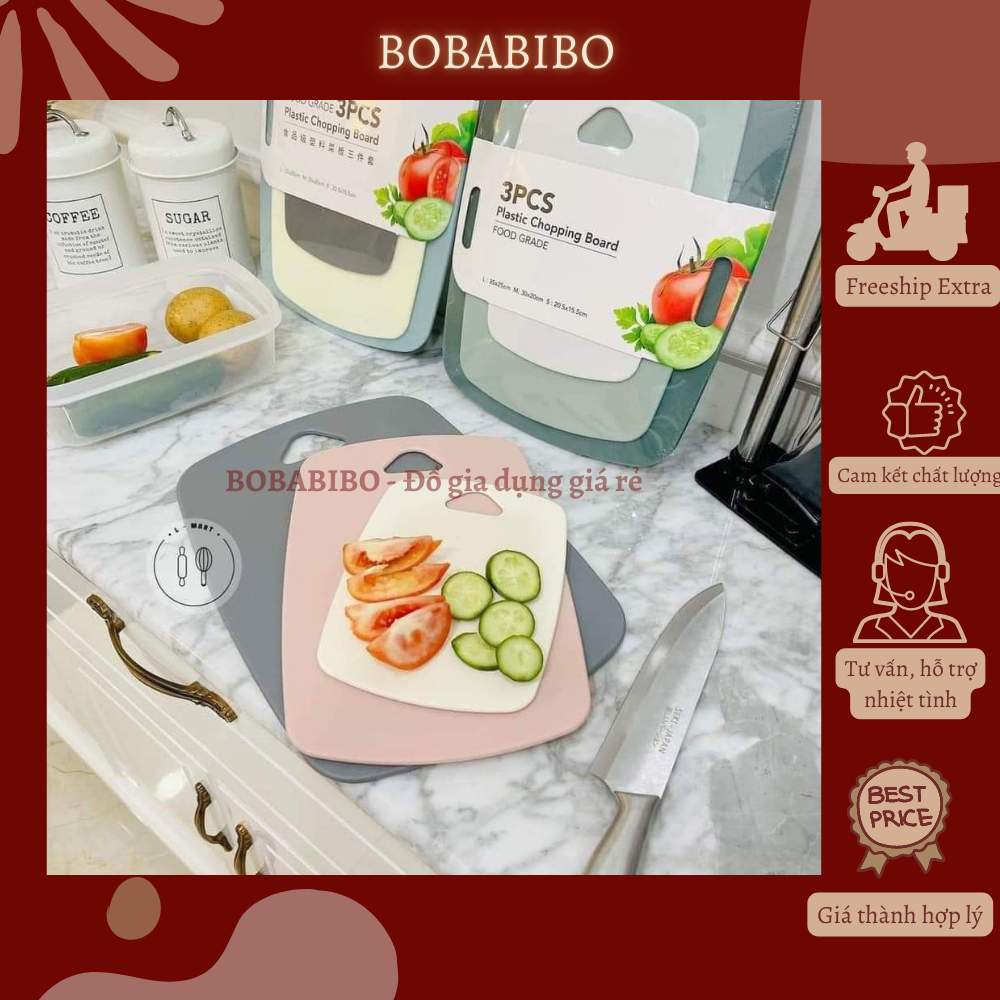 Set 3 thớt nhựa lúa mạch kháng khuẩn chống trơn trượt nhiều màu cao cấp 3 size, bộ 3 thớt nhựa pp cao cấp bobabibo