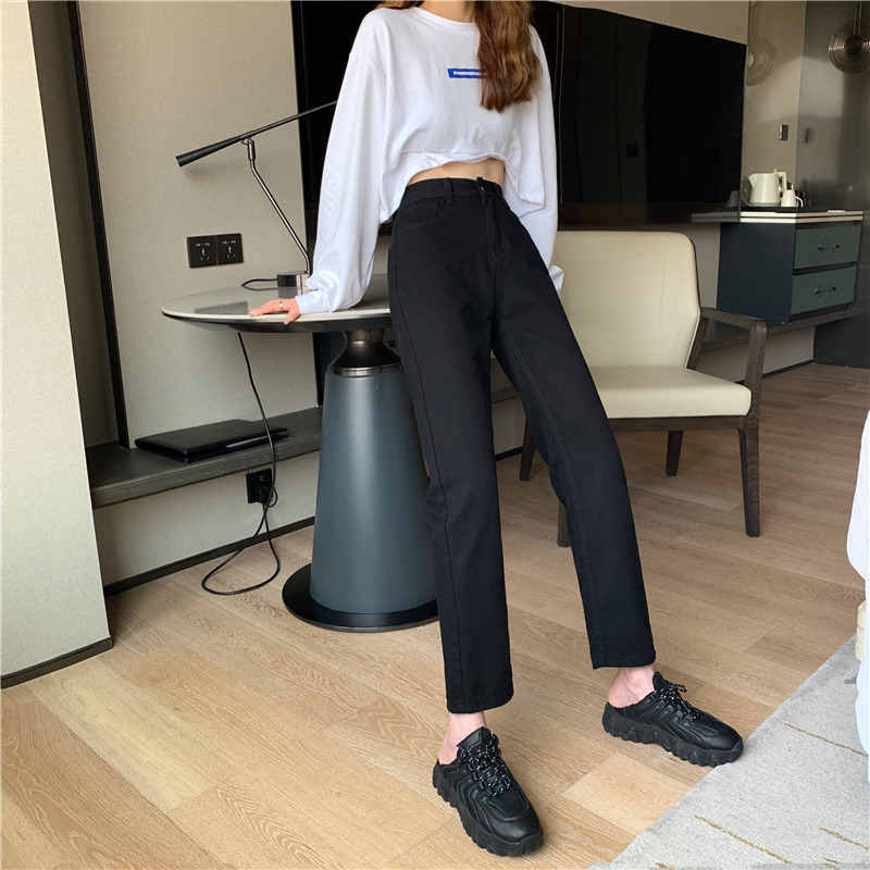 Quần jean CERA-Y bigsize baggy dài 95cm cạp cao qua rốn chất vải cotton màu đen trơn / màu đen rách 1 gối QJ001