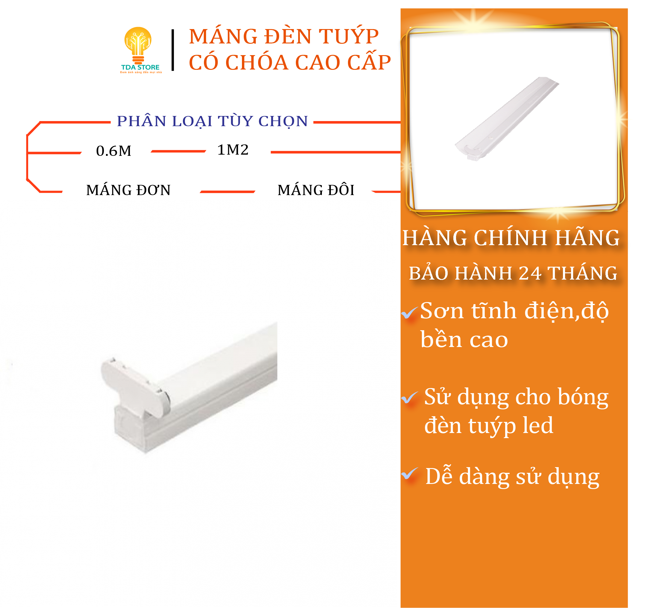 Máng đèn tuýp led 1m2, 60cm đơn, đôi, 1 bóng 2 bóng máng chóa chính hãng Asia lighting