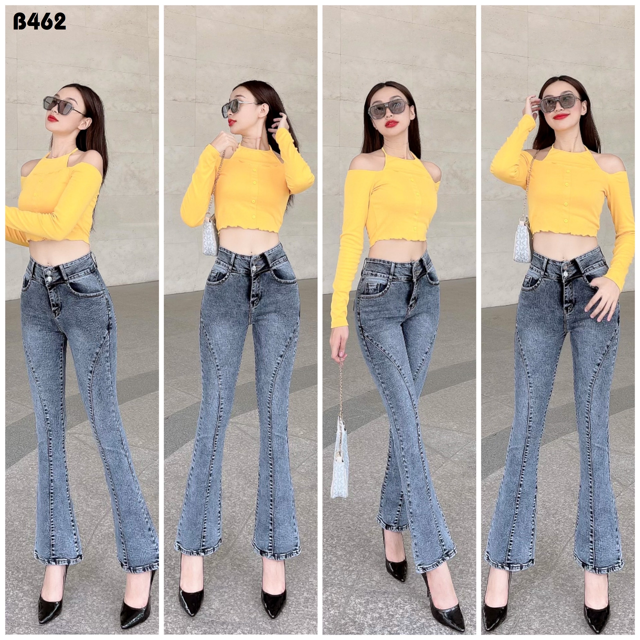 Quần jean nữ loe gân xéo trước màu xám khói B462