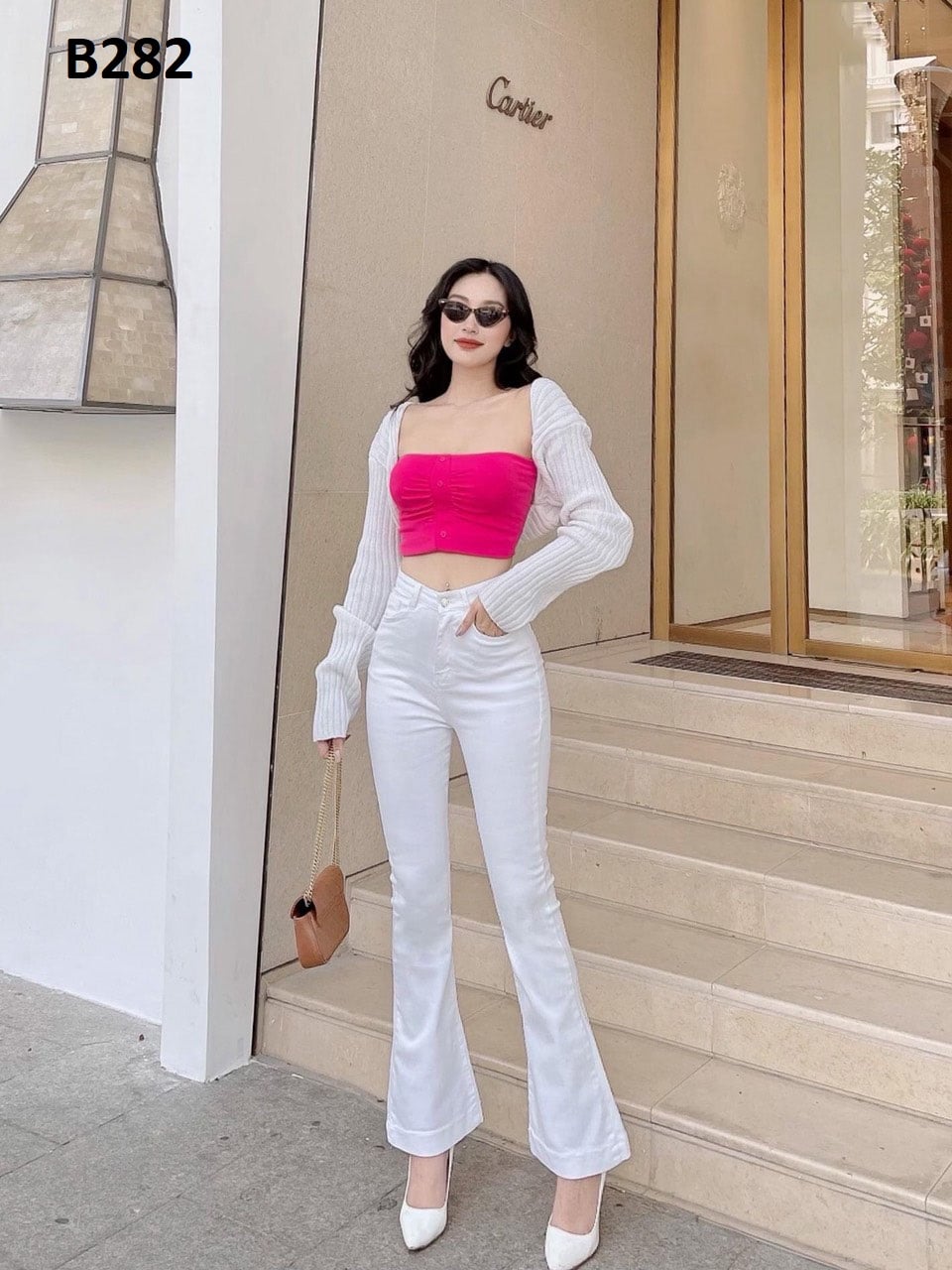Quần jean nữ loe lưng trắng đen co giãn tốt