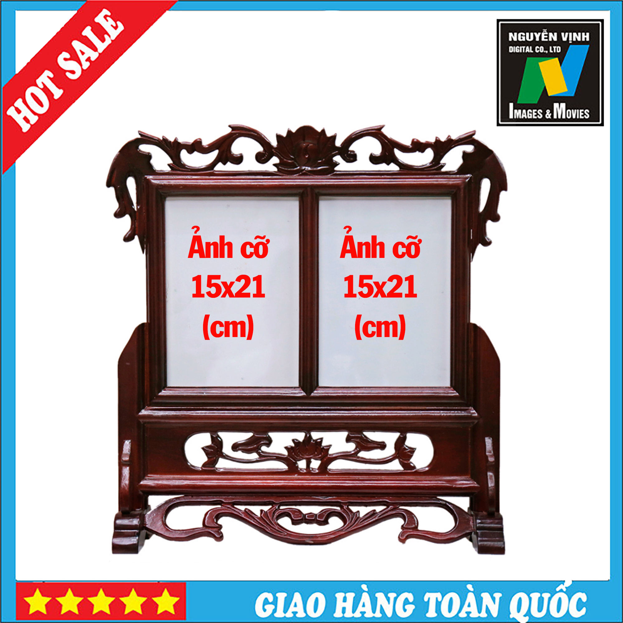 Khung Thờ Gỗ Hương Đôi Cỡ 15x21 Hiệu Ảnh Nguyễn Vịnh Digital. Lồng Được 2 Ảnh Cỡ 15x21 Có Chân Để Bà