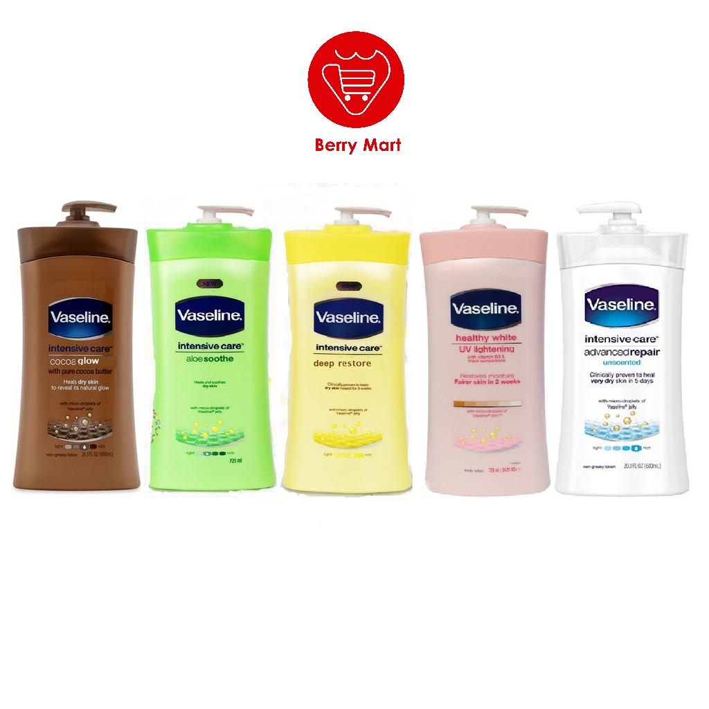 Sữa dưỡng thể Vaseline 725ml Mỹ | Chính hãng Mỹ Với lượng vitamin dồi dào và khả năng chống nắng tốt, sữa dưỡng thể sẽ ngăn chặn quá trình lão hóa trên da, giúp da luôn đều màu và trắng sáng, tự nhiên | Berry Mart | BR223