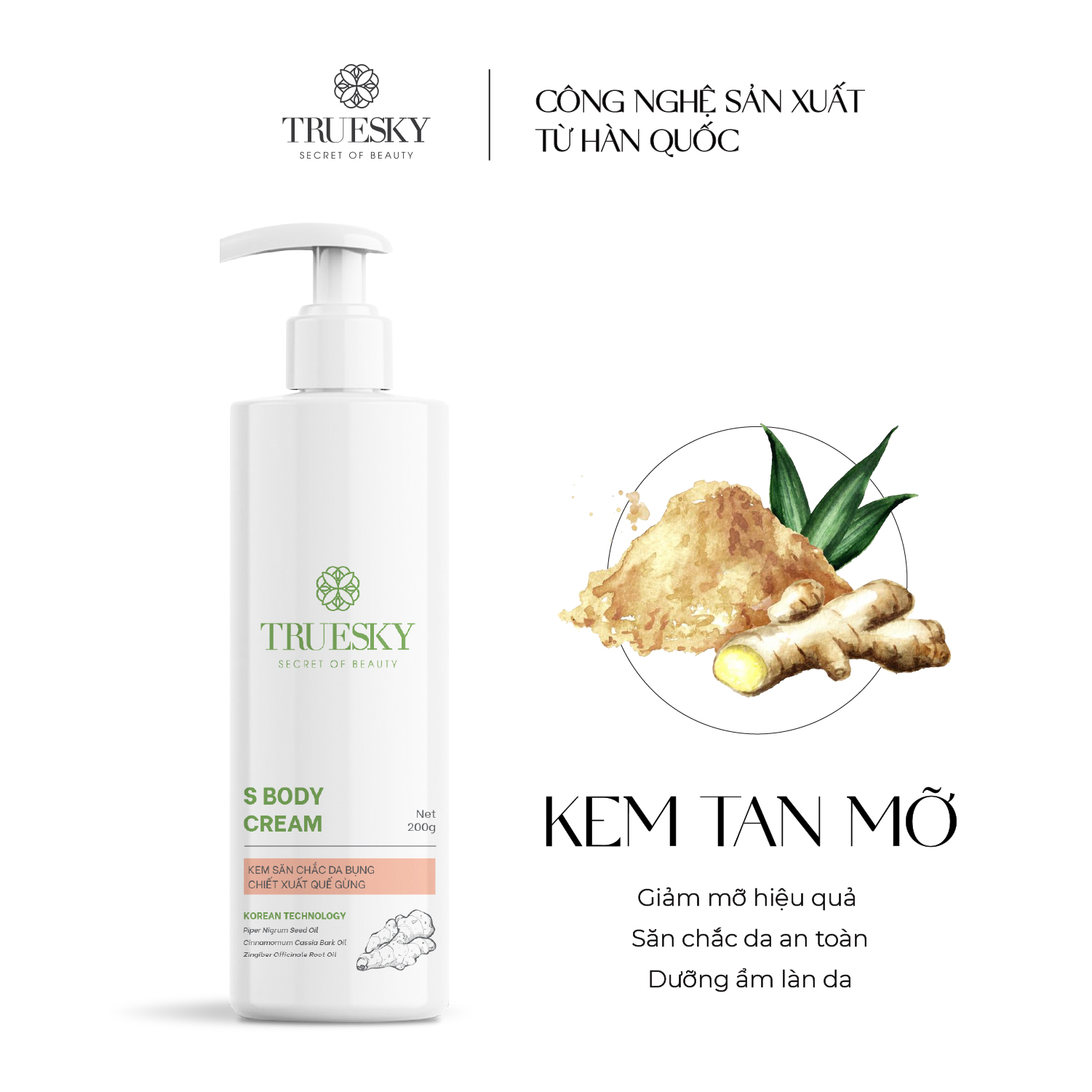 Bigsize - Kem tan mỡ bụng chiết xuất quế gừng an toàn và hiệu quả Truesky S Body Cream 200g