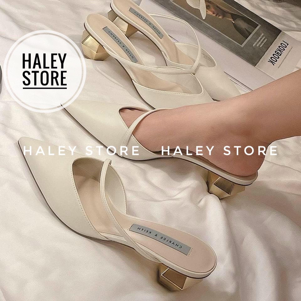Giày sục nữ HALEY STORE mũi nhọn quai chéo mảnh gót trụ 5cm dễ đi êm châm rẻ bền đẹp thấp hottrend đi học làm chơi dạo