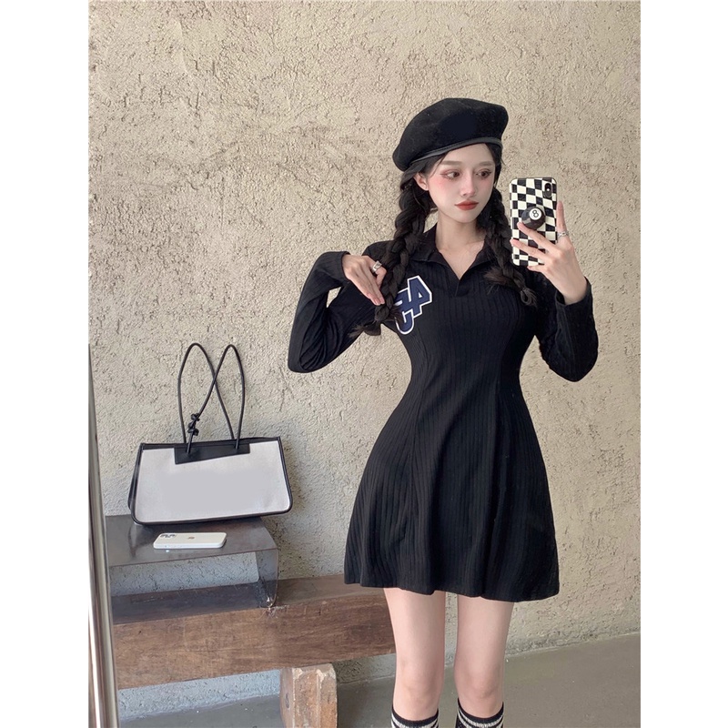 Đầm polo body nữ chữ 45 🦋 Váy thun dài tay cổ bẻ trơn thêu chữ 🦋