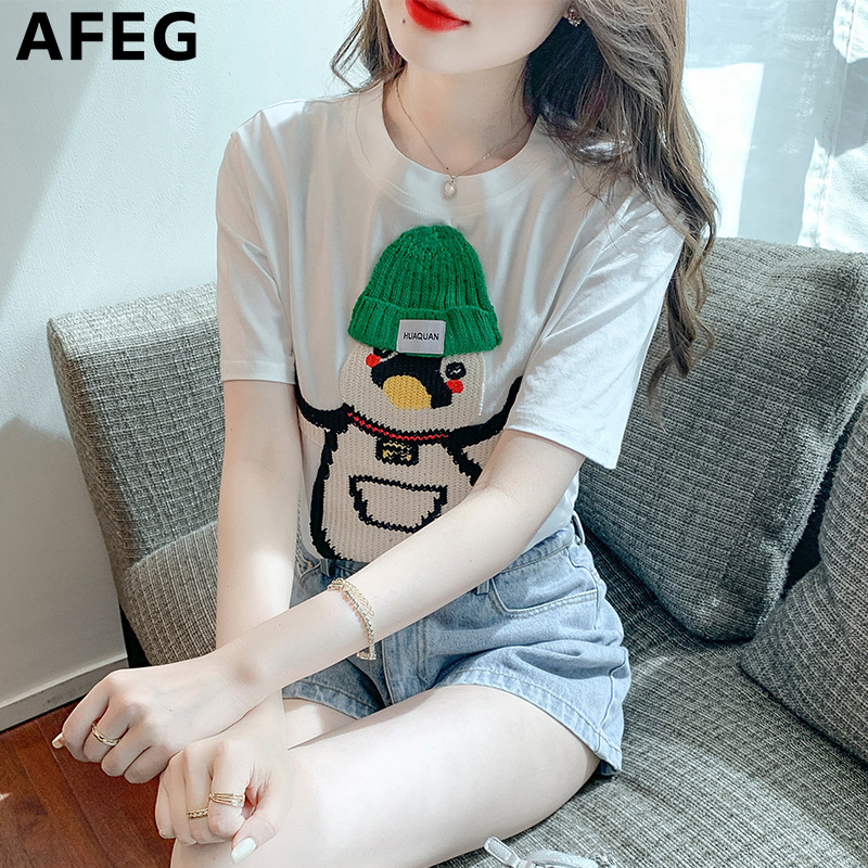 AFEG Áo Thun Tay Ngắn Thêu Họa Tiết Hoạt Hình May Vá Dáng Rộng Thời Trang Cổ Tròn Phiên Bản Hàn Quốc Mới