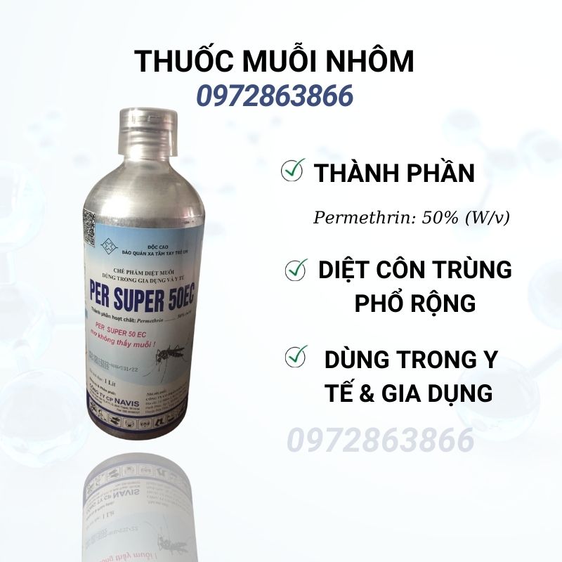 Per super 50EC mác xanh - diệt muỗi, ruồi, kiến, gián, ruồi vàng, rầy, rệp,... chai nhôm
