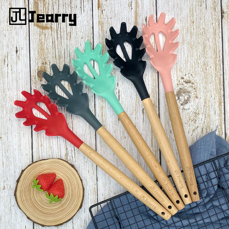 Gambar Jearry Wooden Handle Nodles Scoop Heat Resistant Food Grade Silicone Kitchen Utensils