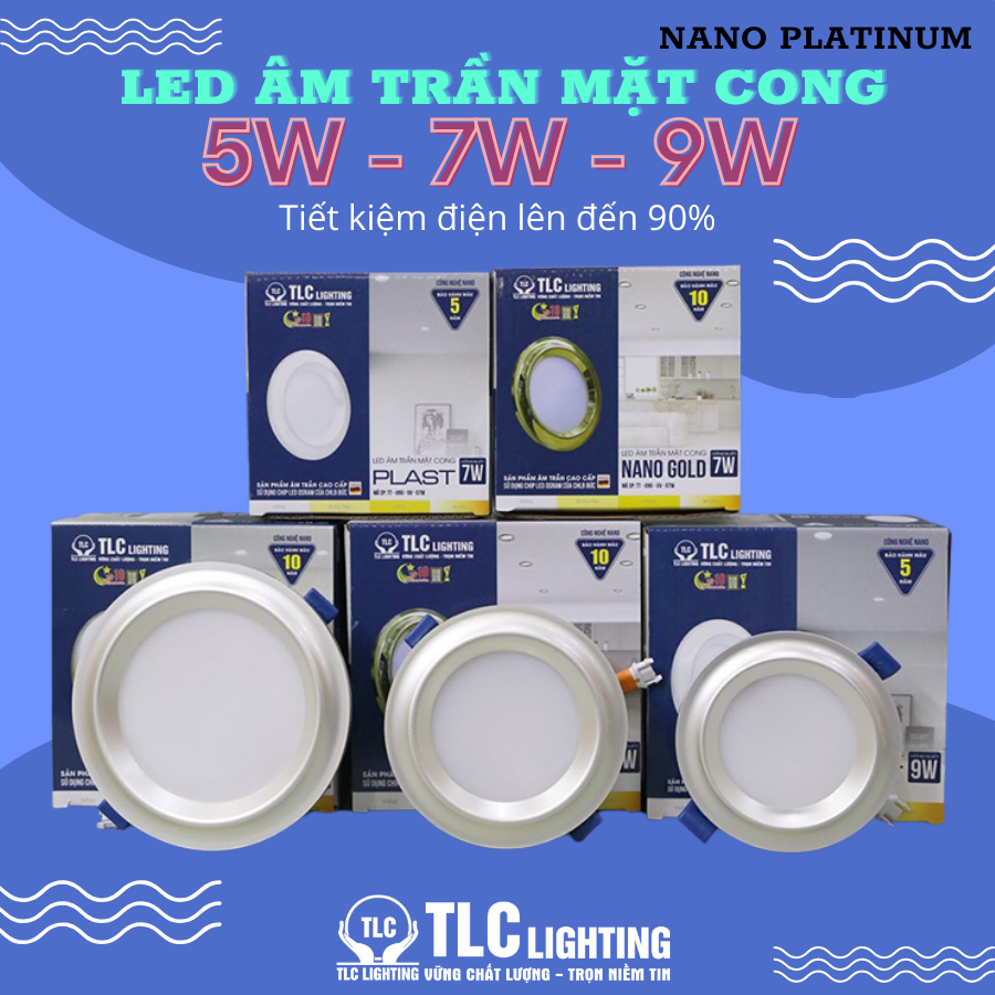Đèn led panel 600x600 sino, Đèn led 60x60 âm trần, Đèn trần thạch cao phòng khách,  Đèn LED âm trần mặt cong Nano Platinum 5W, 7W, 9W - đơn sắc - đa sắc, sang trọng, chống chói, tiết kiệm điện năng 90%
