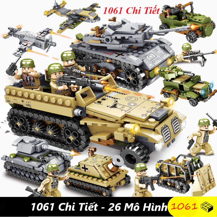 Bộ đồ chơi xếp hình lắp ghép mô hình xe tăng, oto, lắp ráp trực thăng, xe swat cam, xe tăng bọc thép
