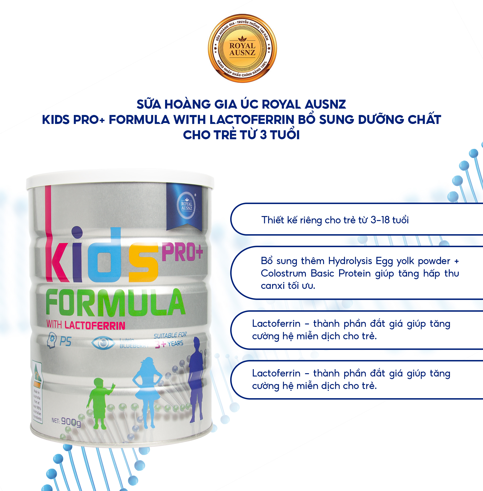 Sữa Hoàng Gia Úc ROYAL AUSNZ Kids Pro+ Formula With Lactoferrin Bổ Sung Dưỡng Chất Cho Trẻ Từ 3 Tuổi 900g