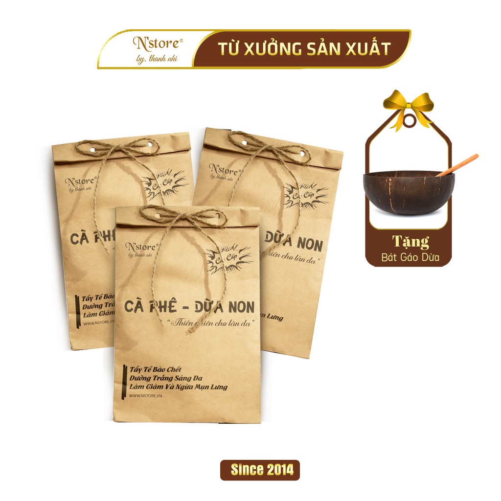 Combo 3 Gói Bột Cà Phê-Dừa Non 100gr tẩy da chết, giảm mụn lưng, ủ trắng body | Tặng bộ gáo dừa cao cấp