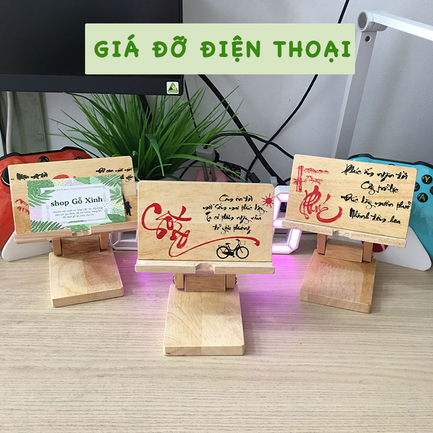 Giá đỡ điện thoại bằng gỗ, kệ điện thoại để bàn chắc chắn, nhỏ gọn, xếp gập in chữ thư pháp Shop GỖ XINH TPX1