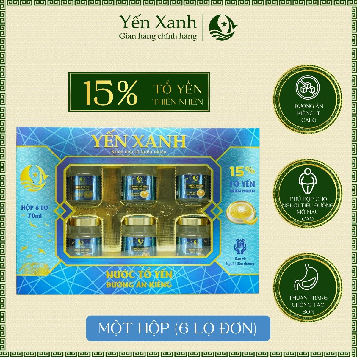 Nước yến sào đường ăn kiêng 15% tổ yến -Yến Xanh - Hộp 6 lọ x 70ml kèm túi xách tốt cho người tiểu đường, người cần ăn kiêng