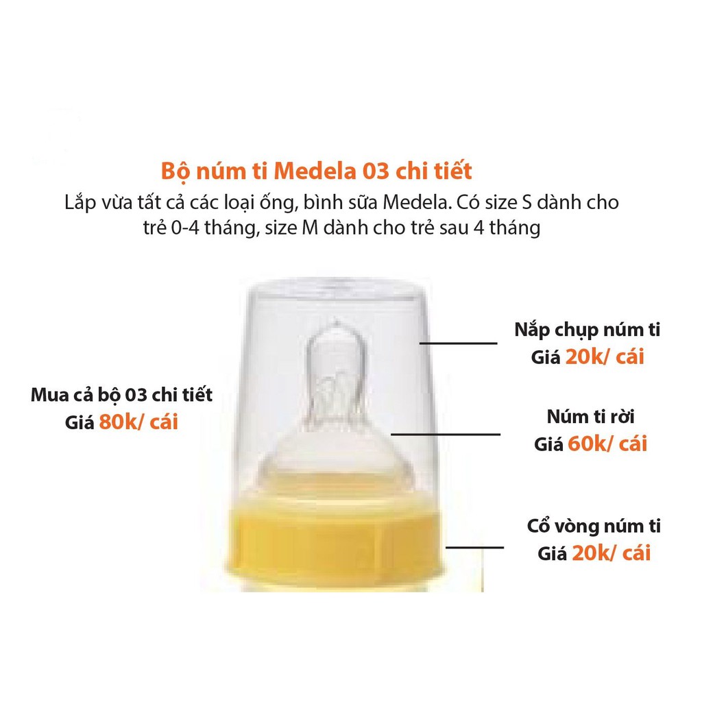 Bộ núm ti bình sữa Medela size S và size M (Núm lẻ và nguyên set 3 chi tiết)
