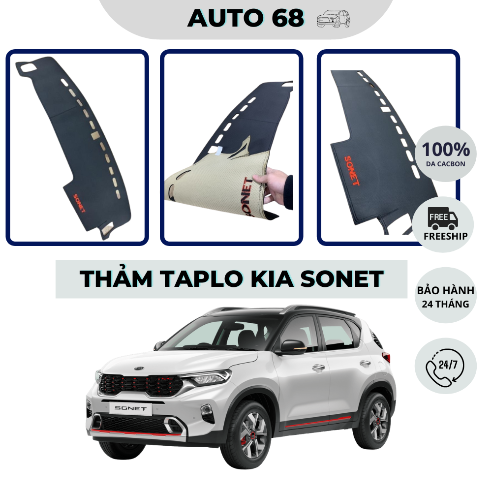 Thảm Taplo Kia Sonet - Hàng Chuẩn Showroom - Da Vân Cacbon 3 Lớp Cao Cấp - Chống Nóng - Chống trầy xước cho taplo xe