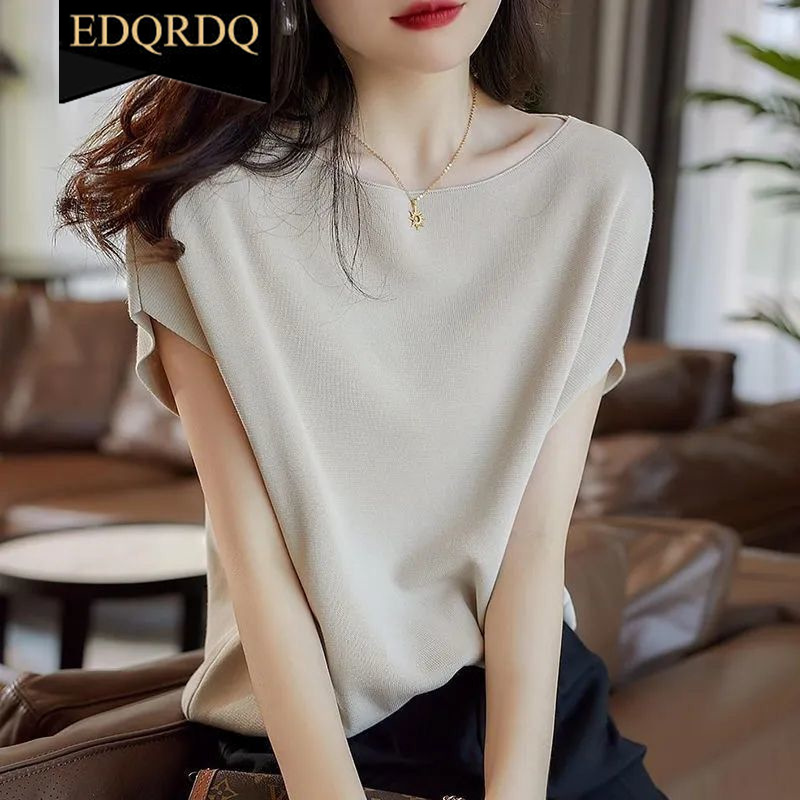Edqrdq áo thun lụa lạnh dệt kim tay cánh dơi cổ thuyền áo len và áo chui đầu cho nữ