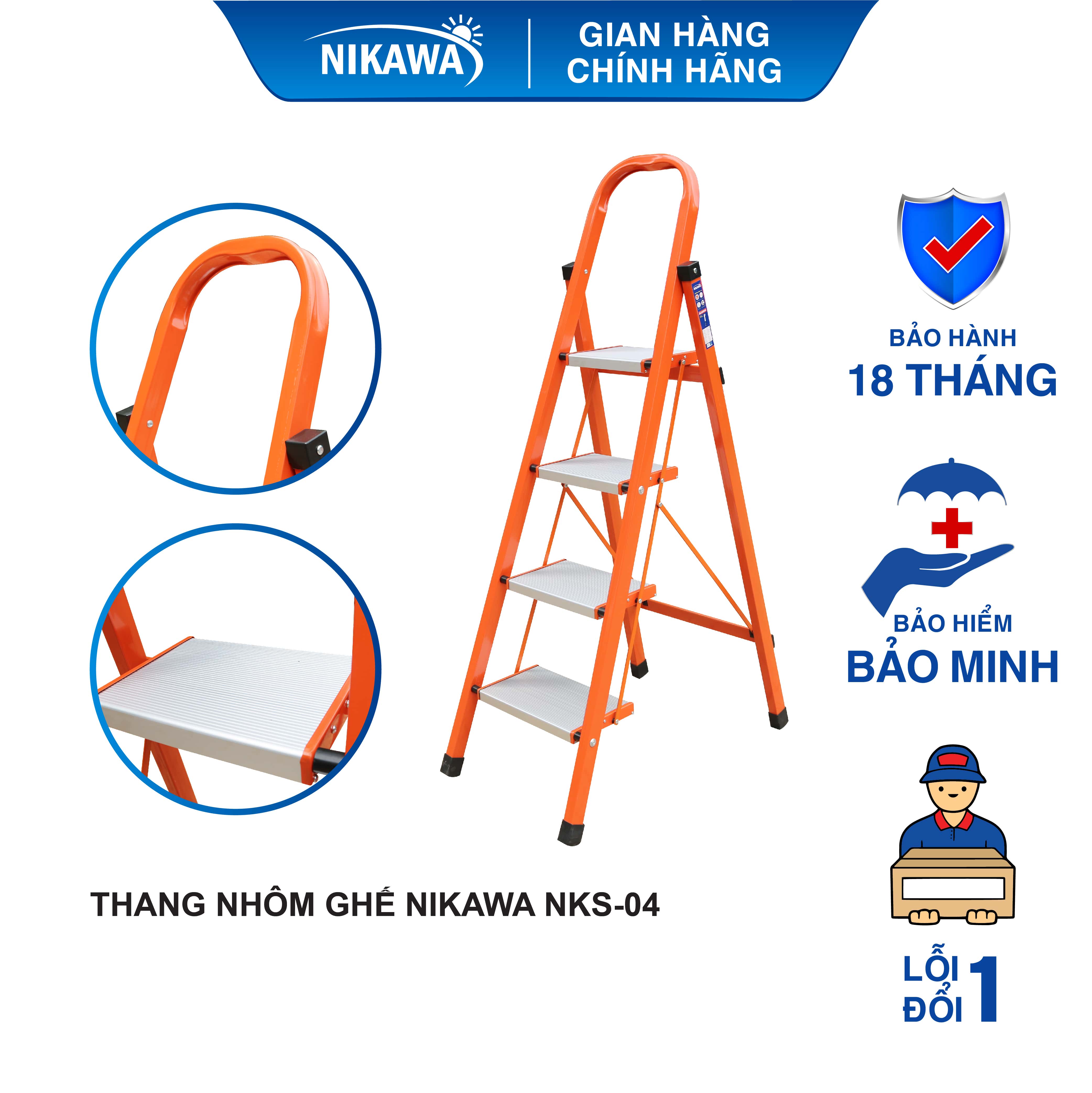Thang ghế tay vịn 4 bậc thắp hương gấp gọn nikawa chiều cao tối đa 95cm bản bậc lớn 18cm bảo hành 18 tháng khung thép nks-04