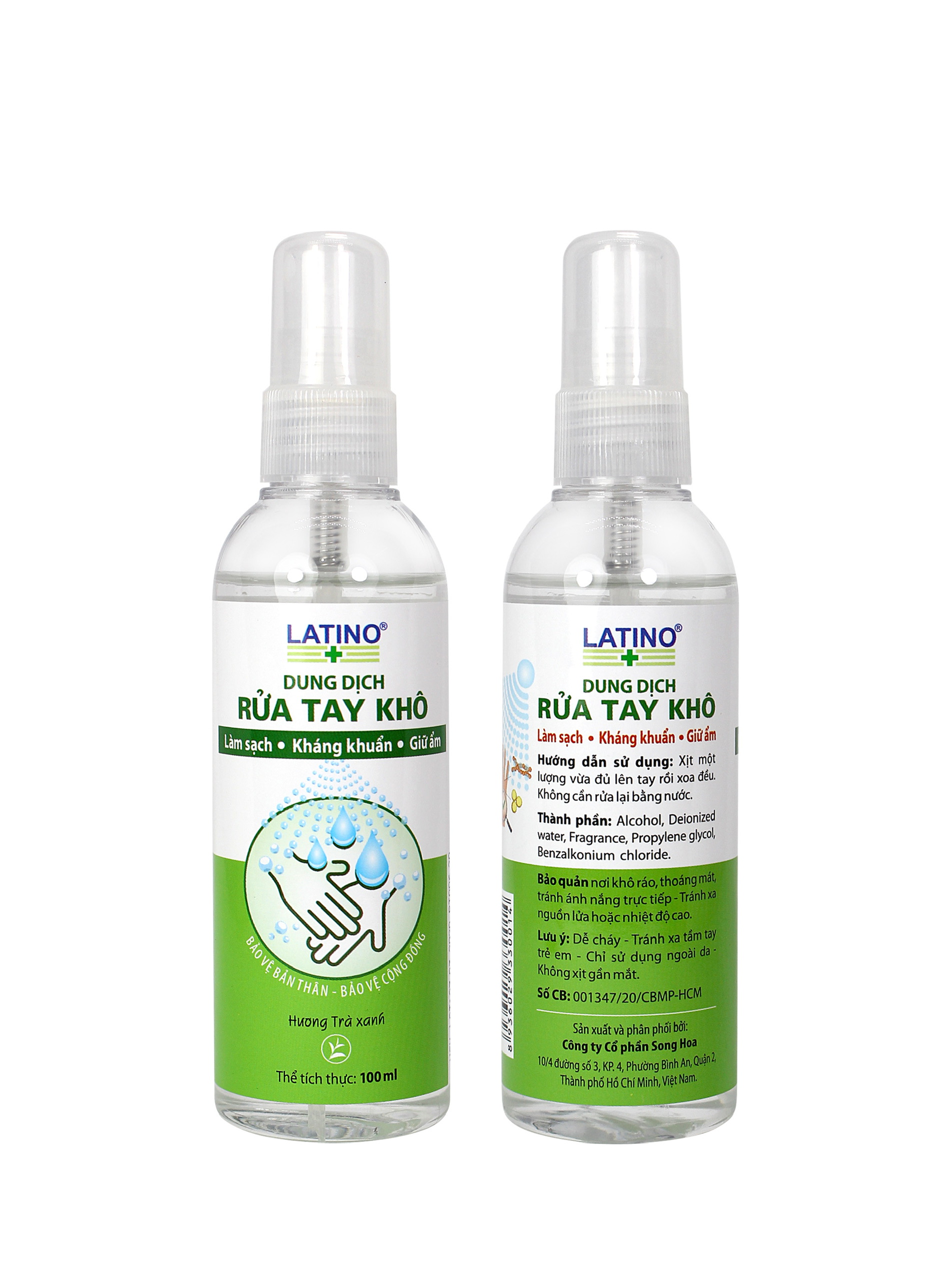 Dung dịch rửa tay khô Latino trà xanh 100ml - Combo 02 chai