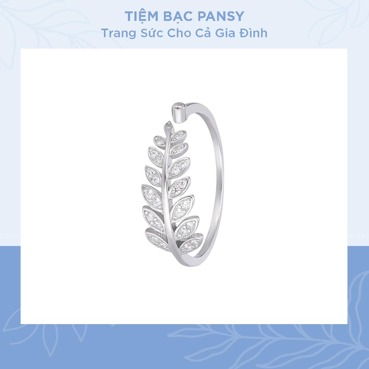 Nhẫn bạc nữ PANSY hình chiếc lá oliu đính đá, nhẫn bạc 925 thiết kế hở freesize