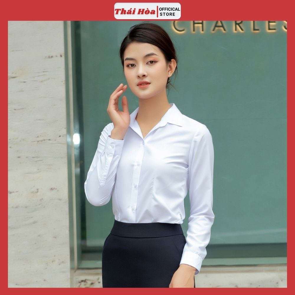 Áo sơ mi nữ Thái Hoà dài tay màu trắng kiểu công sở đẹp đi học vải cotton mềm mịn thoáng mát thấm hút mồ hôi tốt 047-01-01
