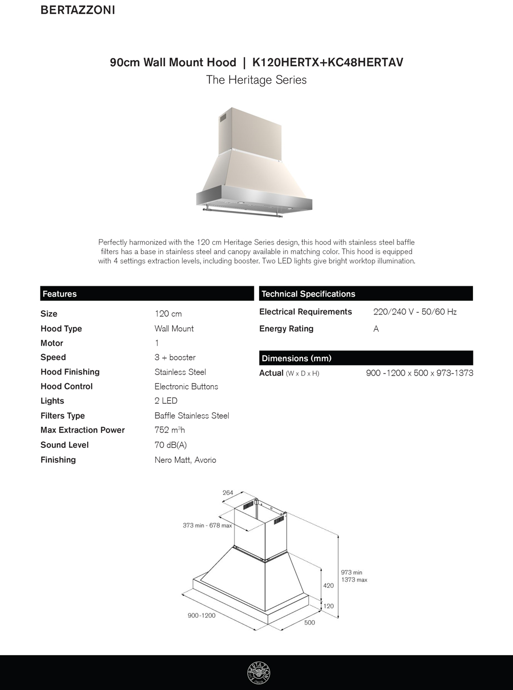 Bertazzoni K120HERTX + KC48HERTAV/K120HERTX + KC48HERTNE 120cm Heritage Wall Mounted Hood · v6