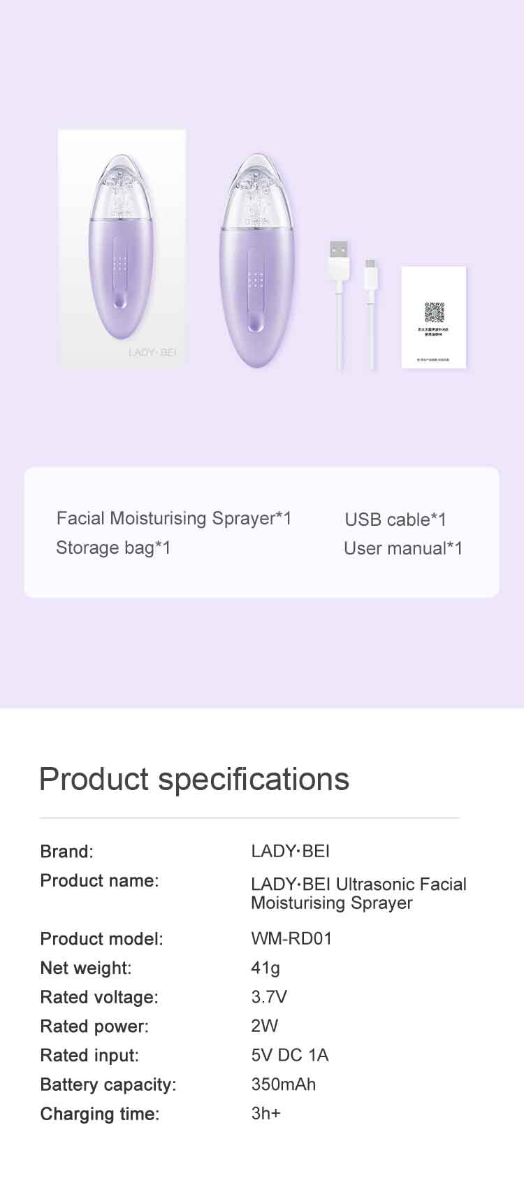 DR.BEI LADY BEI Ultrasonic Facial Moisturizing Sprayer Xiaomi Youpin DR·BEI Mist Facial Sprayer Portable USB Rechargeable Humidifier Nebulizer Steamer Moisturizing Face Skin Care Spray Instrument
