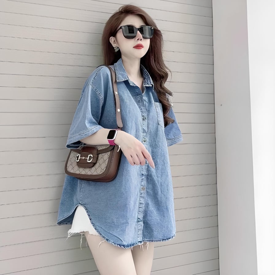Áo sơ mi bò trơn cộc tay form rộng xưởng may b&q