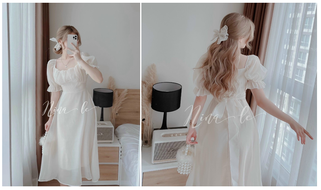 Váy đầm tiểu thơ ngực nhúm lưng thắt nơ điệu đà cực xinh
